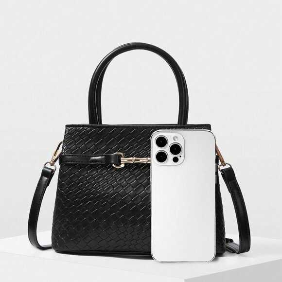 Black Elegant Women's Premium Textured Metallic Buckle Accented Handbag - Picture 3 of 7